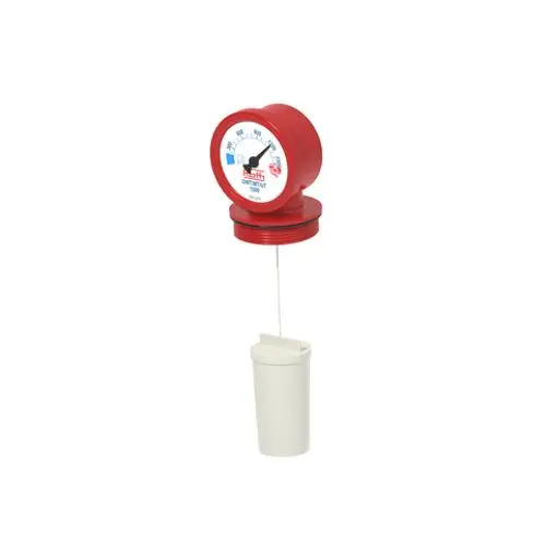 Roth Füllstanduhr mit einem analogen Ziffernblatt zur Anzeige des Füllstands, in rot mit einem weißen Behälter, der an einem dünnen Kabel befestigt ist.